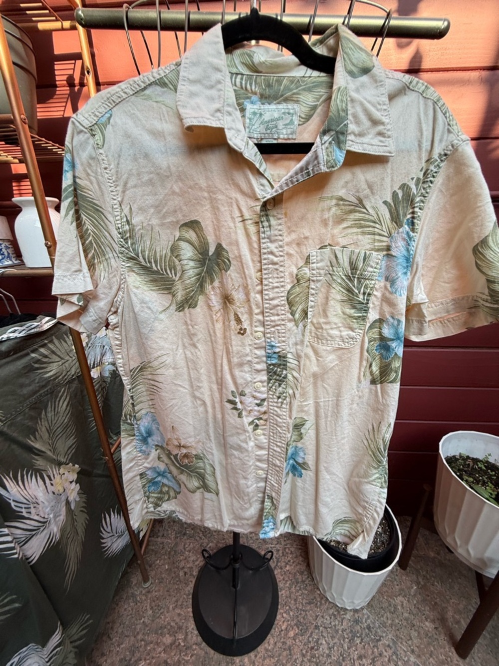 Men's Short-Sleeve Floral Button-Down Shirt - Cream with Green & Blue Print